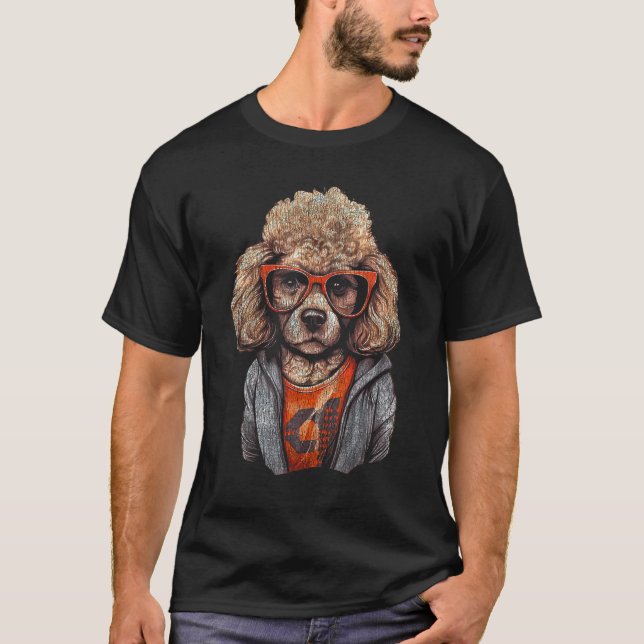Camiseta Óculos de Nerd Vestindo Poodle Engraçado (Frente)