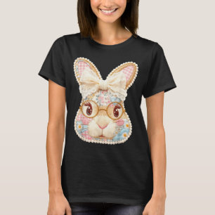 Camiseta óculos de rosto de coelho engraçado remendo floral
