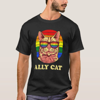 Camiseta Óculos de Sol Arco-íris de Gato Aliado Mês do Orgu