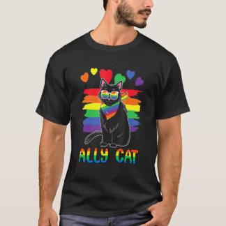 Camiseta Óculos de Sol Arco-íris de Gato Aliado Mês do Orgu