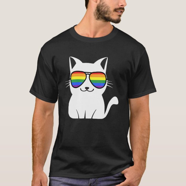 Camiseta Óculos de Sol Arco-Íris de Gato Engraçado Amantes  (Frente)
