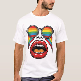 Camiseta Óculos de Sol Arco-íris Retrô Lábios Rosto Design 