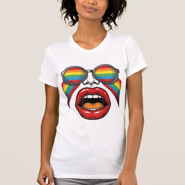 Camiseta Óculos de Sol Arco-Íris Retro Lábios Rosto Design  (Frente)