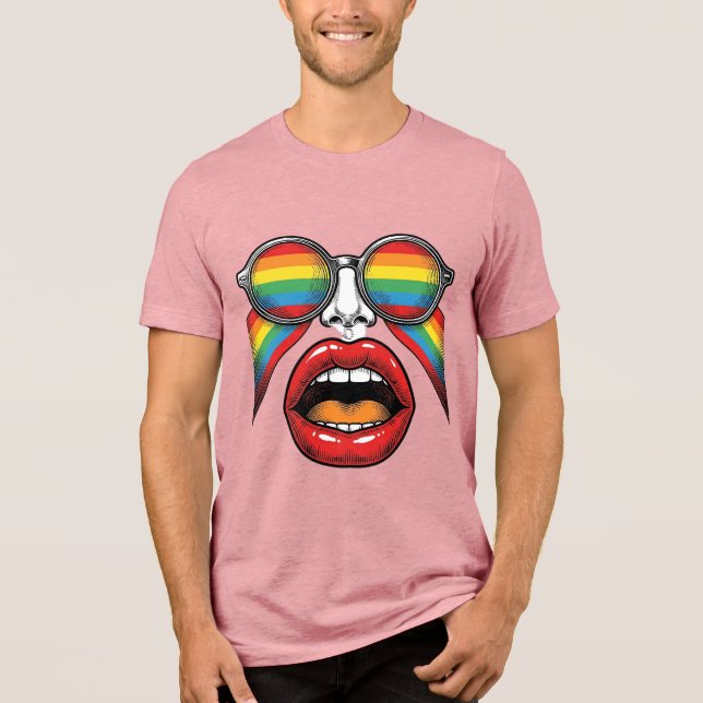 Camiseta Óculos de Sol Arco-íris Retrô Lábios Rosto Design  (Frente)