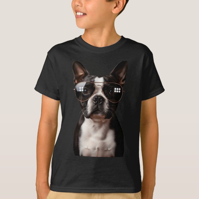 Camiseta óculos de sol boston terrier rosto de cachorro grá (Frente)