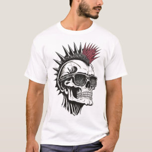 Camiseta Óculos de Sol Caveira Mohawk Rock Punk Alternativo