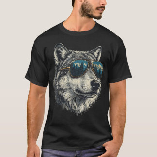 Camiseta Óculos de Sol Cinza Retro Lobo Animais Silvestres