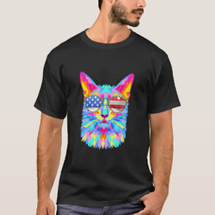 Camiseta Óculos de Sol Colorido de Gato Fractal com Bandeir
