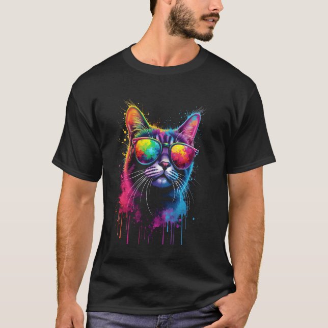 Camiseta Óculos de sol coloridos de gato (Frente)