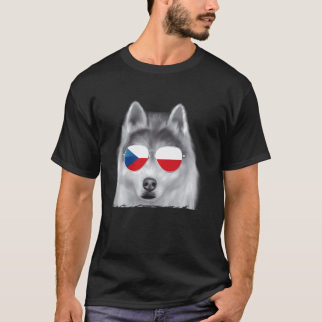 Camiseta Óculos de Sol com Bandeira Tcheca do Cão Husky Sib (Frente)