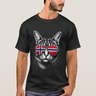 Camiseta Óculos de Sol com Rosto de Gato da Bandeira Norueg