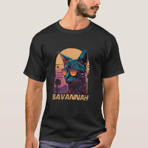 Camiseta Óculos de Sol Cool Retro Pôr do Sol Gato Savannah