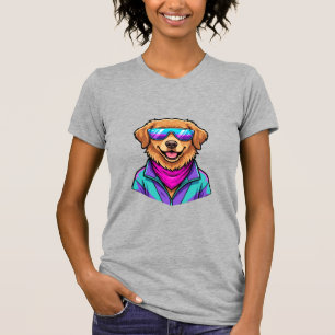 Camiseta Óculos de Sol de Cachorro Fofo Arte Neon Retro_1
