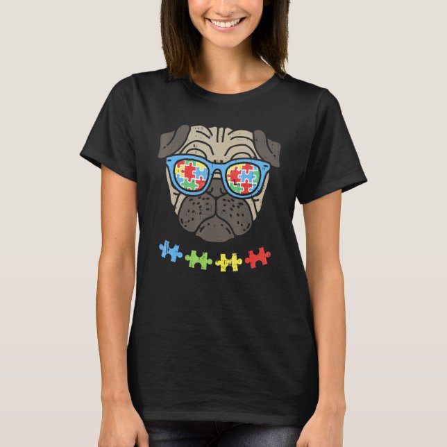 Camiseta Óculos de Sol de Cachorro Pug de Conscientização s (Frente)