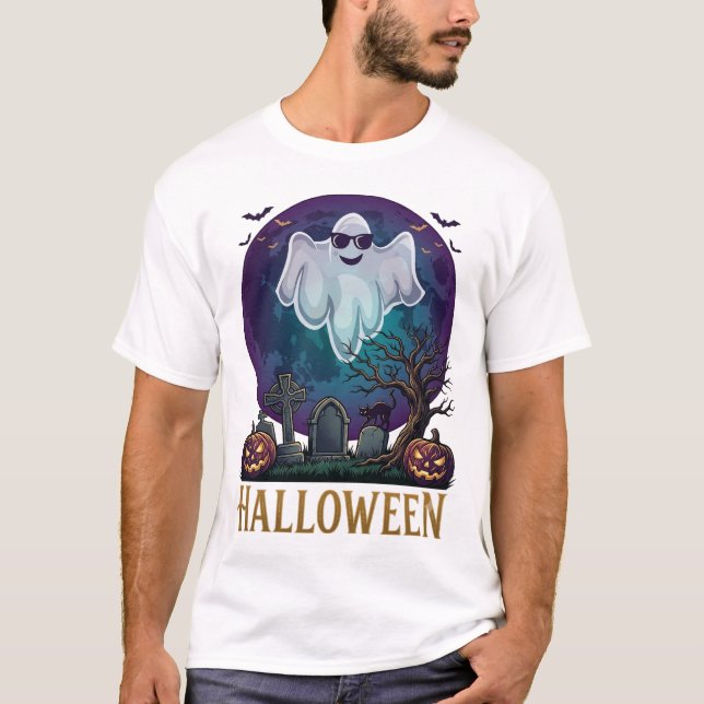 Camiseta Óculos de sol de fantasma de Halloween Lua Roxa Ce (Frente)