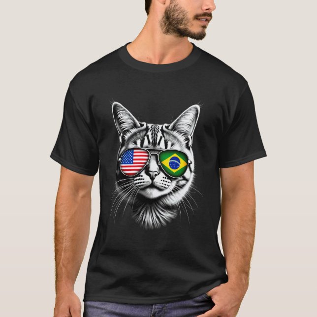 Camiseta Óculos de Sol de Gato Brasileiro dos EUA com Desen (Frente)