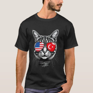 Camiseta Óculos de Sol de Gato Desenho Bandeira Turquia EUA