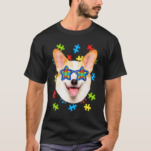 Camiseta Óculos de sol de quebra-cabeça de autismo de Corgi (Frente)