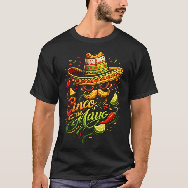 Camiseta Óculos de Sol Feliz Cinco De Mayo com Bigode (Frente)