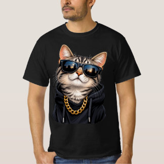 Camiseta Óculos de Sol Gato Legal Corrente Dourada Gato Est