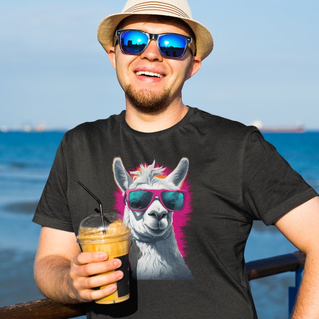 Camiseta Óculos de sol legal Llama cor-de-rosa (Criador carregado)