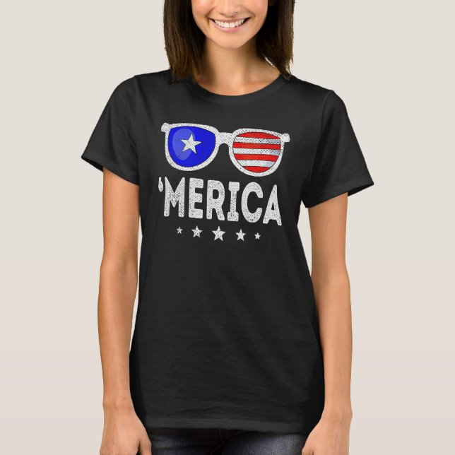Camiseta Óculos de sol MERICA 4 de julho Bandeira EUA Améri (Frente)