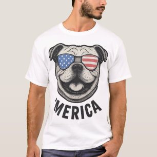 Camiseta Óculos de Sol Patriota Bulldog 'MERICA � Bandeira
