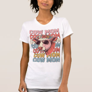 Camiseta Óculos de Sol Retrô Cow Mom Desenho de Gravura Vin
