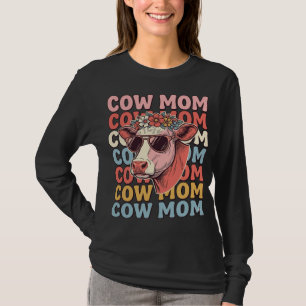 Camiseta Óculos de Sol Retrô Cow Mom Desenho de Gravura Vin