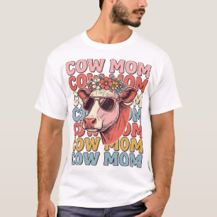 Camiseta Óculos de Sol Retrô Cow Mom Desenho de Gravura Vin