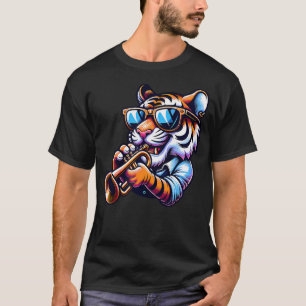 Camiseta Óculos de Sol Tigre Tocando Trompete Com Estilo