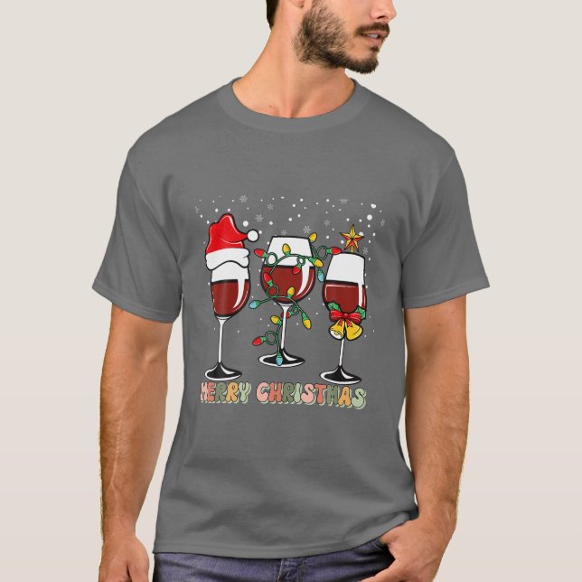 Camiseta Óculos de Vinho de Natal com Xadrez de Papai Noel (Frente)