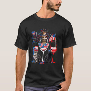 Camiseta Óculos De Vinho & Gatos Bandeira Dos EUA 4 De Julh