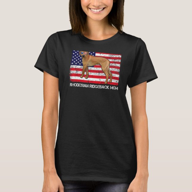 Camiseta Óculos Rhodesian Ridgeback Mãe Bandeira Americana (Frente)