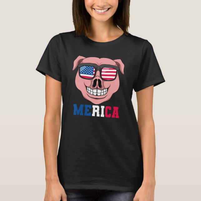Camiseta Óculos Solares Porco Merica 4 De Julho Meninas Ame (Frente)
