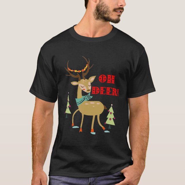 Camiseta Oh Deer! Veado de Natal Com Árvores Presentes (Frente)