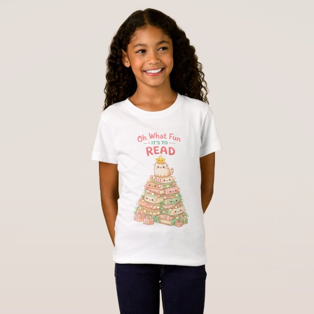 Camiseta Oh What Fun It's to Read Christmas Cute Cat Books (Frente Completa)