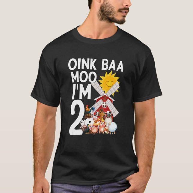 Camiseta Oink Baa Moo Eu tenho 2 comemorações do Aniversári (Frente)
