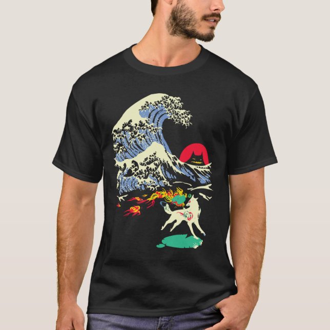 Camiseta Okami Amaterasu Sun Deus Wolf O Vídeo Da Onda Do E (Frente)