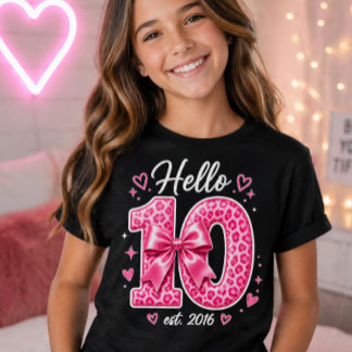 Camiseta Olá Aniversário de 10 anos Laço Leopardo Rosa Aniv