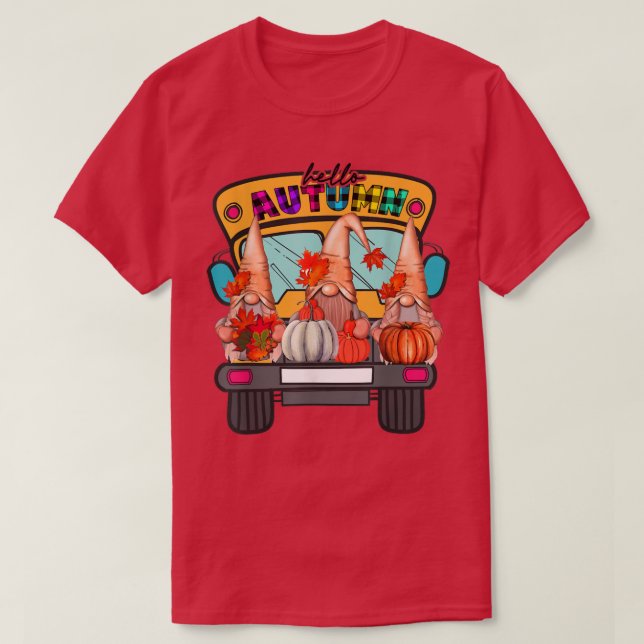 Camiseta Olá Autumn Truck Gnomos Pumpkin Cair Folhas Than (Frente do Design)