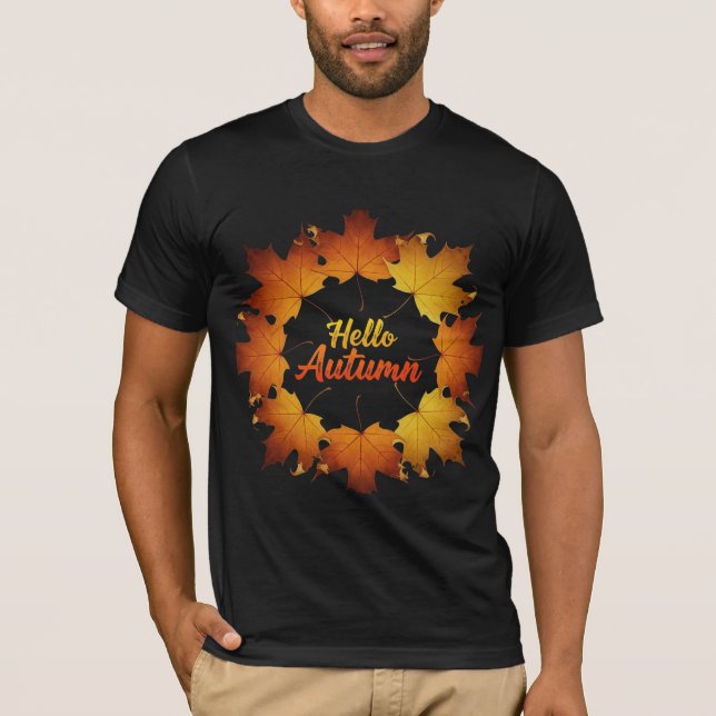 Camiseta Olá Coroa de Folhas de Bordo de Outono (Frente)