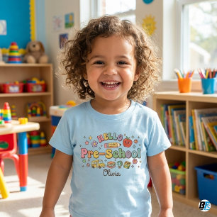 Camiseta Olá Ícones Personalizados Pré-Escola Retro Groovy 