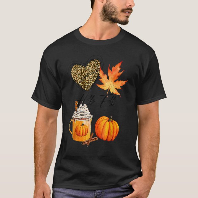 Camiseta Olá, Leopard Coração Pumpkin Folha de outono Folha (Frente)