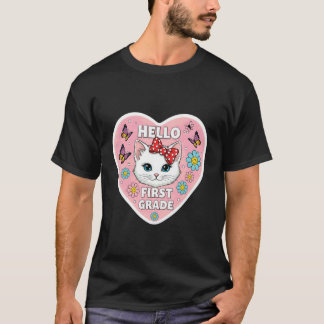Camiseta Olá Menina do Primeiro Ano Gatinho Gato Costas 