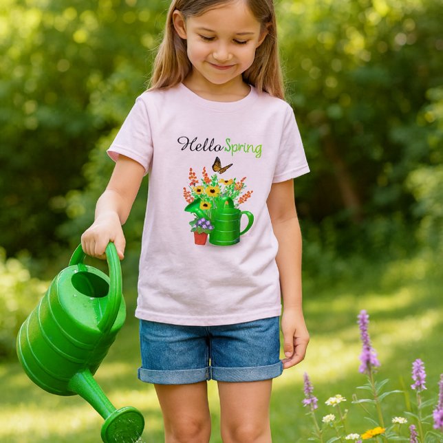 Camiseta Olá Meninas Jardim de Flores da Primavera Rosa  (Garden girl pink tee with wildflowers..Girls that love flowers will like this t-shirt )