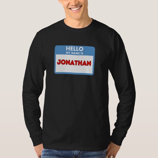 Camiseta Olá, meu nome é Jonathan Tema da plaquinha de nome (Frente)