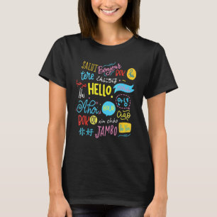 Camiseta Olá Mundo Em Diferentes Idiomas Viaja E Ensina