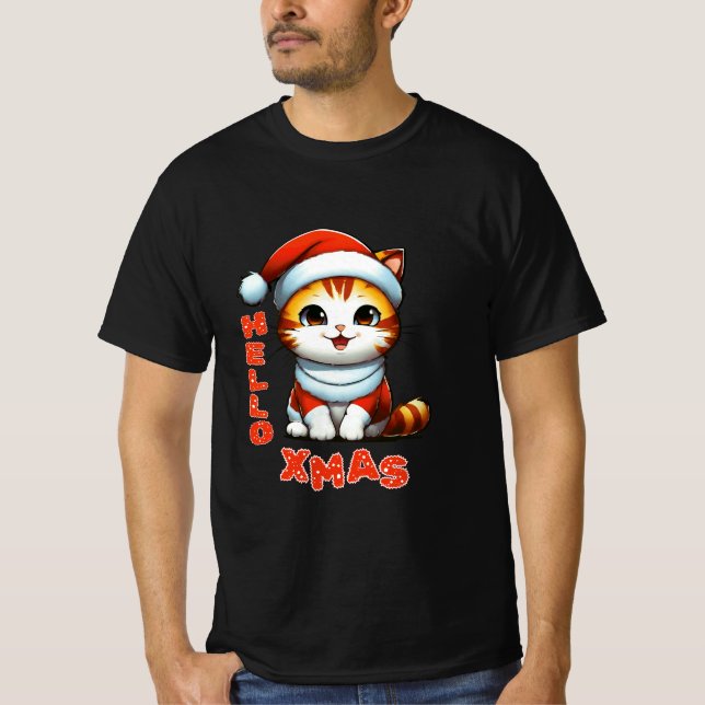 Camiseta Olá, Natal - Gato de Natal bonito numa fantasia de (Frente)