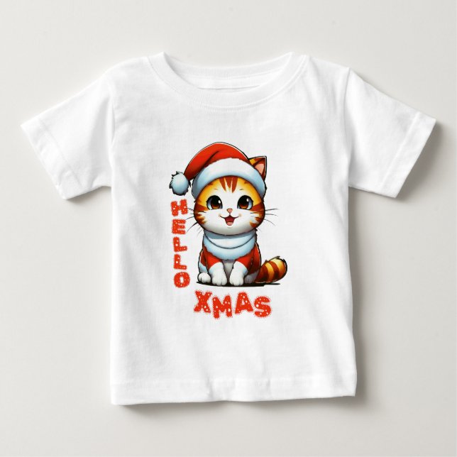 Camiseta Olá, Natal - Gato de Natal bonito numa fantasia de (Frente)